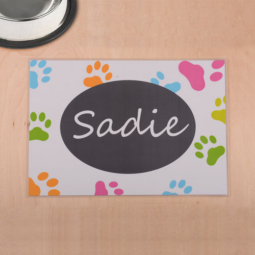 Personalised Colourful Paw Print And White Pet Meal Mat