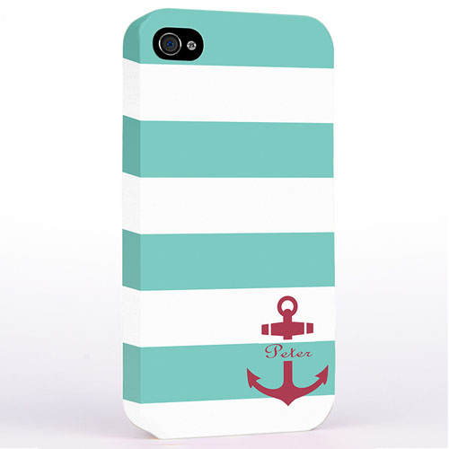 Personalised Aqua Stripe Red Anchor Monogrammed Hard Case Cover
