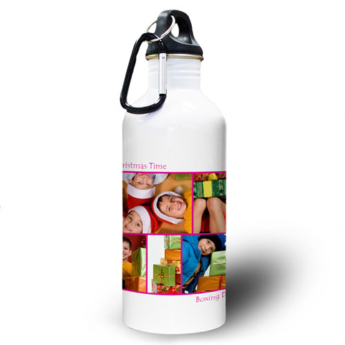 Personalised Photo Hot Pink Five Collage Two Textbox Water Bottle