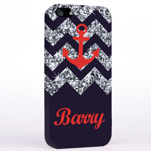 Personalised Grey Glitter Chevron Red Anchor iPhone Case