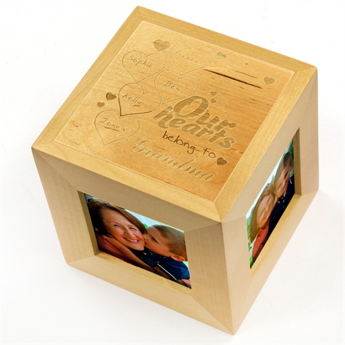 Engraved Our Hearts Wood Photo Cube
