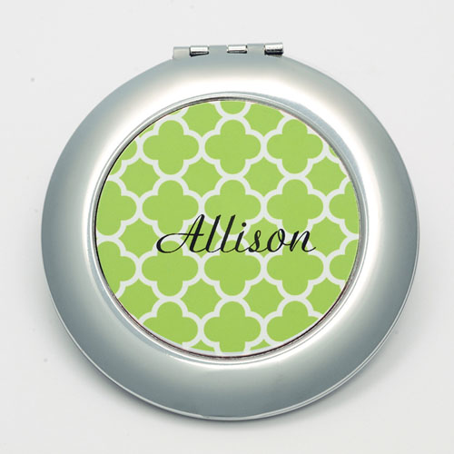 Personalised Lime Quatrefoil Round Make Up Mirror