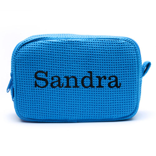 Embroidered Name Turquoise Cotton Waffle Weave Makeup Bag