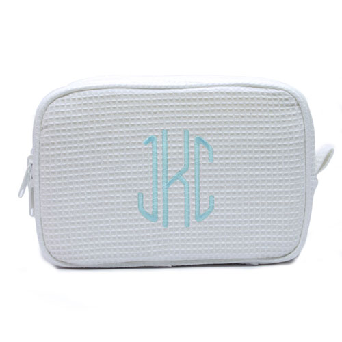 Embroidered Three Initial White Cotton Waffle Weave Makeup Bag
