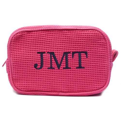 Embroidered Three Initial Fuchsia Cotton Waffle Weave Makeup Bag