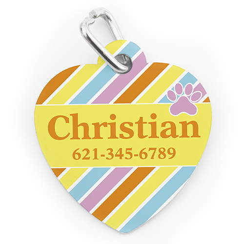 Custom Printed Colourful Stripe Paw, Heart Shaped Dog Or Cat Tag