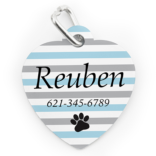 Custom Printed Aqua Stripe Paw, Heart Shaped Dog Or Cat Tag
