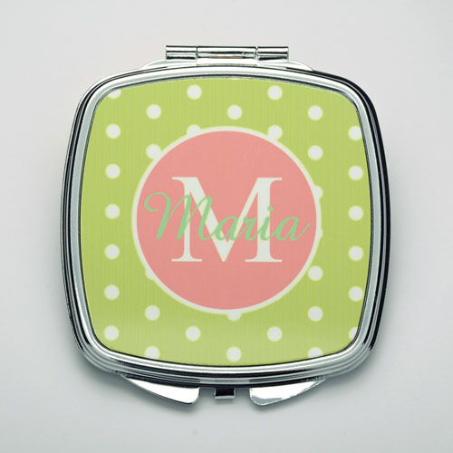 Personalised Lime Polka Dot Compact Make Up Mirror