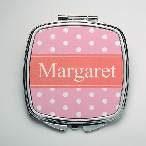 Personalised Pink Polka Dot Compact Make Up Mirror
