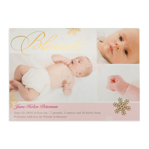 Create Your Own Blessed Gold Foil Personalised Photo Girl Birth Announcement, 5