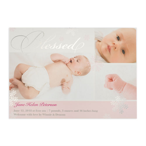Create Your Own Blessed Silver Foil Personalised Photo Girl Birth Announcement, 5