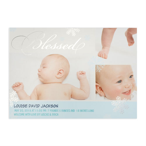 Create Your Own Blessed Silver Foil Personalised Photo Boy Birth Announcement, 5