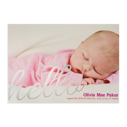 Create Your Own Say Hello Foil Silver Personalised Photo Birth Announcement, 5