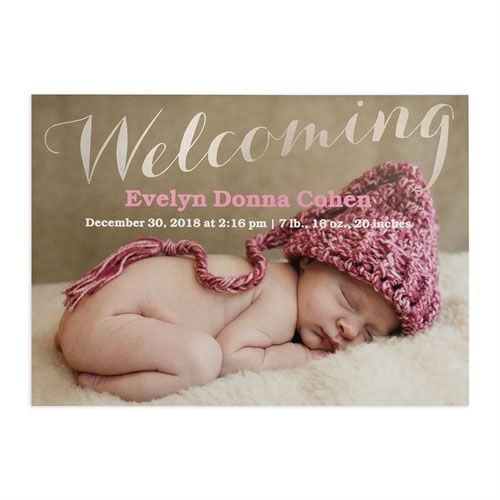 Welcoming Foil Silver Personalised Photo Birth Announcement, 5