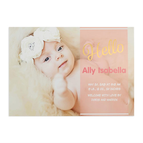 Script Hello Foil Gold Personalised Photo Girl Birth Announcement, 5