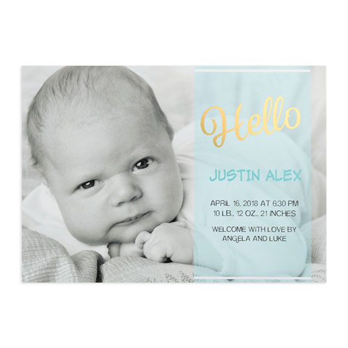 Script Hello Foil Gold Personalised Photo Boy Birth Announcement, 5