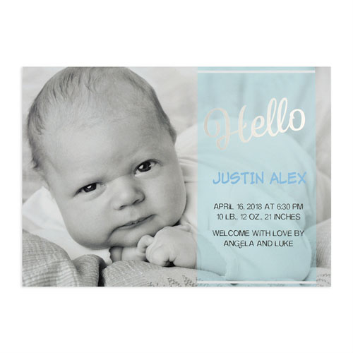 Script Hello Foil Silver Personalised Photo Boy Birth Announcement, 5