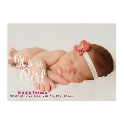It's A Girl Foil Silver Personalised Photo Birth Announcement, 5