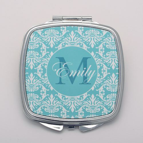 Teal Damask Personalised Square Compact Mirror