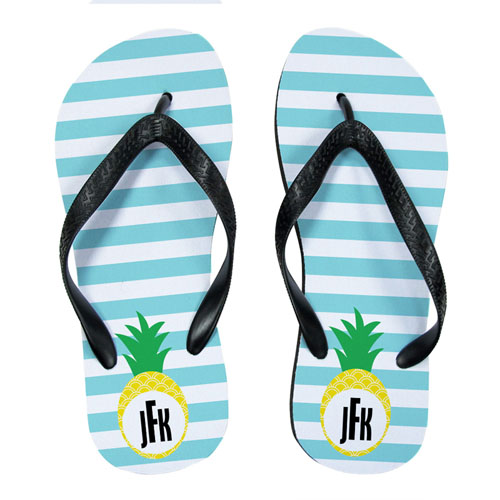 Aqua Stripe Pineapple Personalised Flip Flops, Kids Medium