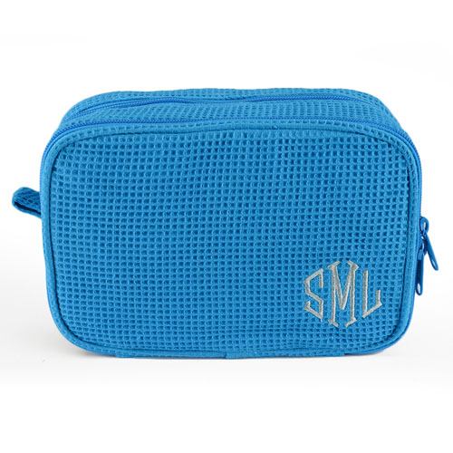 Monogrammed Embroidered Turquoise Cotton Waffle Weave Cosmetic Bag