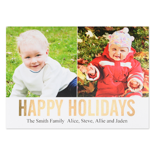 Gold Foil Personalised Two Collage Photo Happy Holidays Flat Card, 5