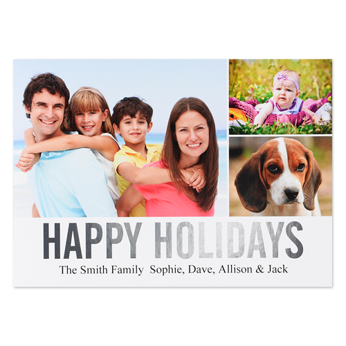 Collage Happy Holidays Silver Foil Personalised Photo Card