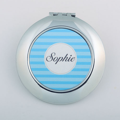 Aqua Blue Stripe Personalised Round Compact Mirror