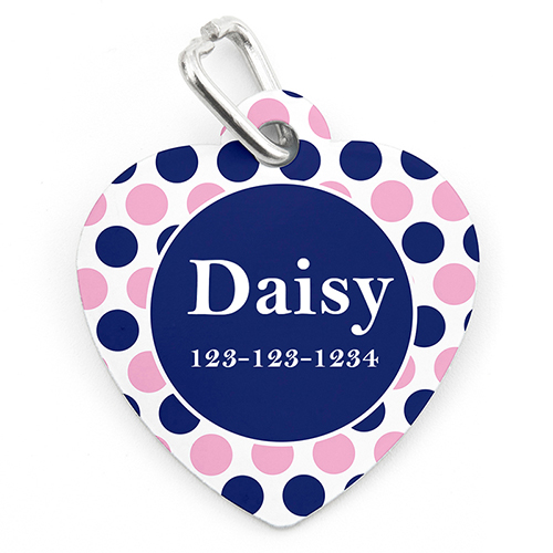 Navy Pink Dot Personalised Pet Tag Heart Shape