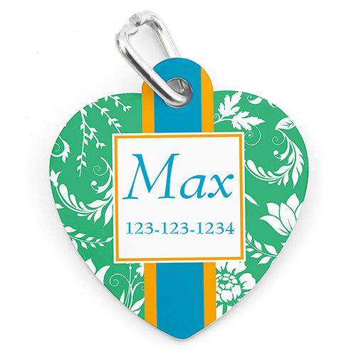 Green Floral Personalised Pet Tag Heart Shape