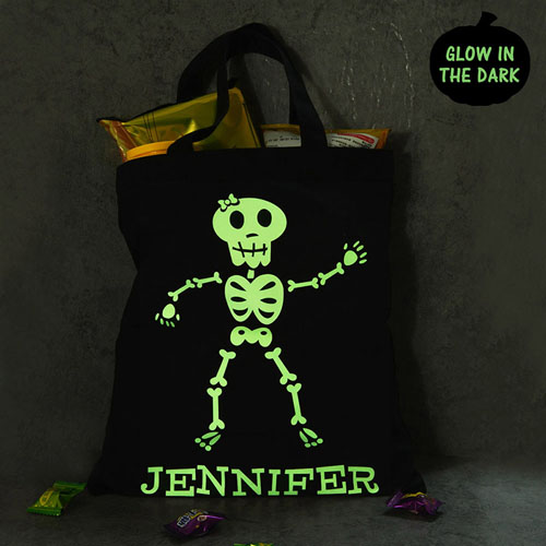 Girl Skull Personalised Glow In The Dark Halloween Tote Treat Bag Black