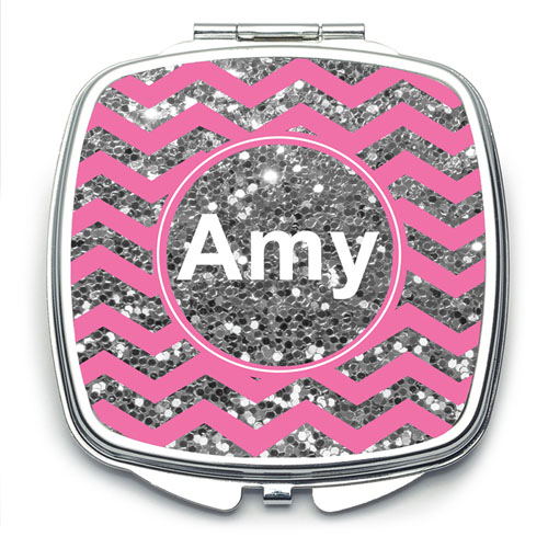Pink Glitter Silver Personalised Square Mirror For Bridesmaids