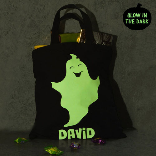 Boy Ghost Personalised Glow In The Dark Halloween Tote Treat Bag Black