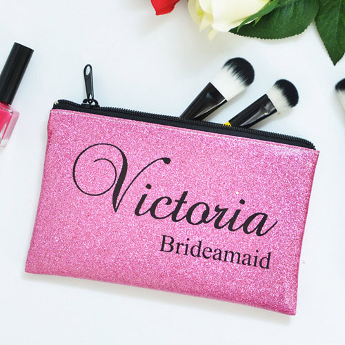 Real Glitter Hot Pink Personalised Cosmetic Bag For Bridesmaids, 9.5