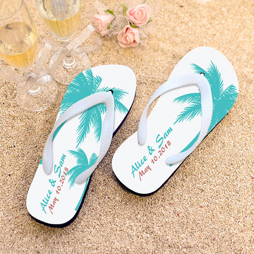 Palm Tree Personalised Beach Wedding Flip Flops White Strap, Women Medium