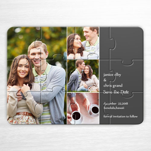 Custom Save The Date Puzzle, 4 Pictures Collage Grey Invitation Puzzle