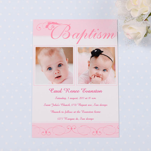 Print Your Own Fashionable Fonts – Soft Pink Baptism Photo Invitation Cards