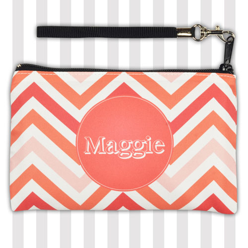 Personalised Coral Chevron Stripes Monogrammed Wristlet Bag (Medium Inch)