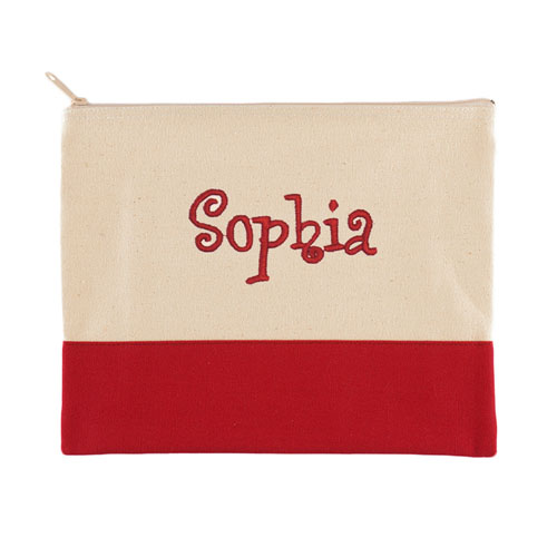 Embroidered Name Natural Red Zip Bag 7.5