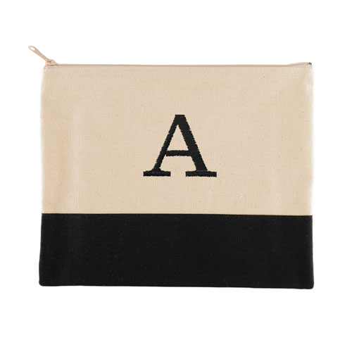 Embroidered One Initial Natural Black Zip Bag 7.5